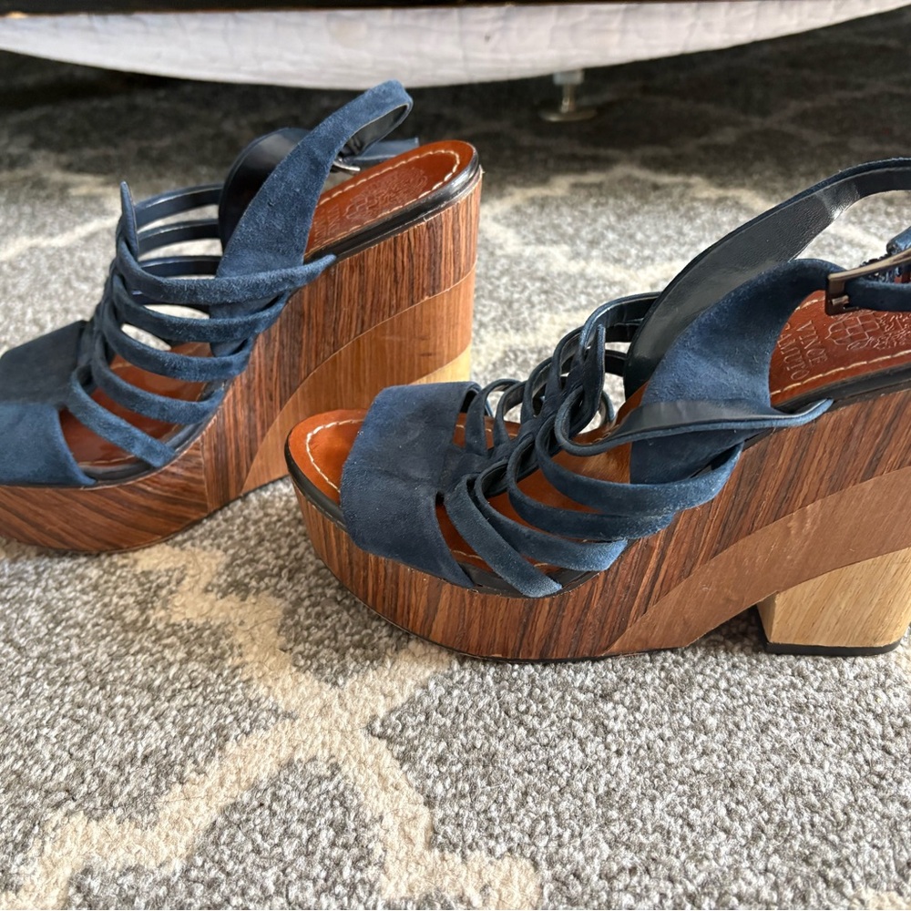 Vince Camuto Blue and Wood Platform Heels